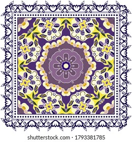 Decorative colorful ornament on white background, symmetric pattern with doodle lace frame. Tribal ethnic mandala decor. Bandana shawl, hijab, tablecloth fabric print, silk neck scarf, kerchief design