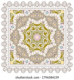 Decorative colorful ornament on white background, symmetric pattern with doodle lace frame. Tribal ethnic mandala decor. Bandana shawl, hijab, tablecloth fabric print, silk neck scarf, kerchief design