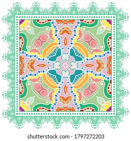 Decorative colorful ornament on white background, symmetric pattern with doodle lace frame. Tribal ethnic mandala decor. Bandana shawl, hijab, tablecloth fabric print, silk neck scarf, kerchief design