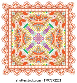 Decorative colorful ornament on white background, symmetric pattern with doodle lace frame. Tribal ethnic mandala decor. Bandana shawl, hijab, tablecloth fabric print, silk neck scarf, kerchief design