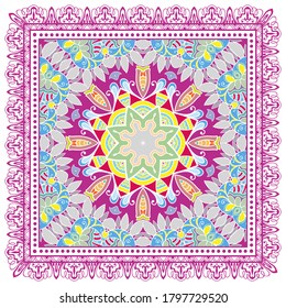 Decorative colorful ornament on white background, symmetric pattern with doodle lace frame. Tribal ethnic mandala decor. Bandana shawl, hijab, tablecloth fabric print, silk neck scarf, kerchief design