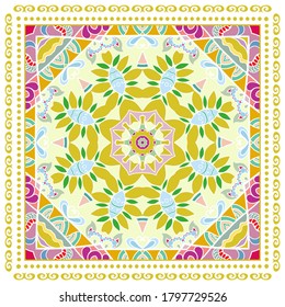 Decorative colorful ornament on white background, symmetric pattern with doodle lace frame. Tribal ethnic mandala decor. Bandana shawl, hijab, tablecloth fabric print, silk neck scarf, kerchief design