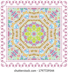 Decorative colorful ornament on white background, symmetric pattern with doodle lace frame. Tribal ethnic mandala decor. Bandana shawl, hijab, tablecloth fabric print, silk neck scarf, kerchief design