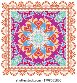 Decorative colorful ornament on white background, symmetric pattern with doodle lace frame. Tribal ethnic mandala decor. Bandana shawl, hijab, tablecloth fabric print, silk neck scarf, kerchief design
