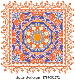 Decorative colorful ornament on white background, symmetric pattern with doodle lace frame. Tribal ethnic mandala decor. Bandana shawl, hijab, tablecloth fabric print, silk neck scarf, kerchief design