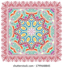 Decorative colorful ornament on white background, symmetric pattern with doodle lace frame. Tribal ethnic mandala decor. Bandana shawl, hijab, tablecloth fabric print, silk neck scarf, kerchief design