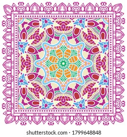 Decorative colorful ornament on white background, symmetric pattern with doodle lace frame. Tribal ethnic mandala decor. Bandana shawl, hijab, tablecloth fabric print, silk neck scarf, kerchief design