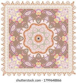 Decorative colorful ornament on white background, symmetric pattern with doodle lace frame. Tribal ethnic mandala decor. Bandana shawl, hijab, tablecloth fabric print, silk neck scarf, kerchief design