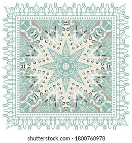 Decorative colorful ornament on white background, symmetric pattern with doodle lace frame. Tribal ethnic mandala decor. Bandana shawl, hijab, tablecloth fabric print, silk neck scarf, kerchief design