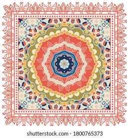 Decorative colorful ornament on white background, symmetric pattern with doodle lace frame. Tribal ethnic mandala decor. Bandana shawl, hijab, tablecloth fabric print, silk neck scarf, kerchief design