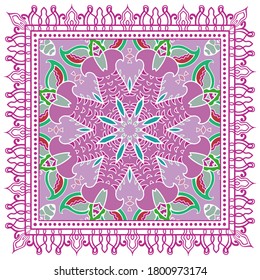 Decorative colorful ornament on white background, symmetric pattern with doodle lace frame. Tribal ethnic mandala decor. Bandana shawl, hijab, tablecloth fabric print, silk neck scarf, kerchief design