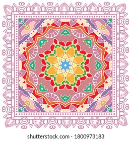 Decorative colorful ornament on white background, symmetric pattern with doodle lace frame. Tribal ethnic mandala decor. Bandana shawl, hijab, tablecloth fabric print, silk neck scarf, kerchief design