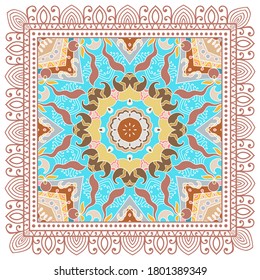 Decorative colorful ornament on white background, symmetric pattern with doodle lace frame. Tribal ethnic mandala decor. Bandana shawl, hijab, tablecloth fabric print, silk neck scarf, kerchief design
