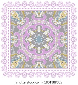 Decorative colorful ornament on white background, symmetric pattern with doodle lace frame. Tribal ethnic mandala decor. Bandana shawl, hijab, tablecloth fabric print, silk neck scarf, kerchief design