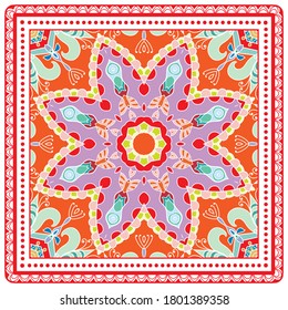 Decorative colorful ornament on white background, symmetric pattern with doodle lace frame. Tribal ethnic mandala decor. Bandana shawl, hijab, tablecloth fabric print, silk neck scarf, kerchief design