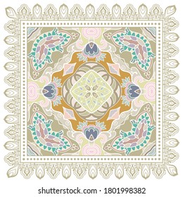 Decorative colorful ornament on white background, symmetric pattern with doodle lace frame. Tribal ethnic mandala decor. Bandana shawl, hijab, tablecloth fabric print, silk neck scarf, kerchief design