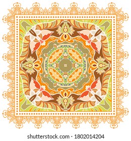 Decorative colorful ornament on white background, symmetric pattern with doodle lace frame. Tribal ethnic mandala decor. Bandana shawl, hijab, tablecloth fabric print, silk neck scarf, kerchief design