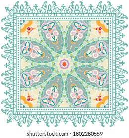 Decorative colorful ornament on white background, symmetric pattern with doodle lace frame. Tribal ethnic mandala decor. Bandana shawl, hijab, tablecloth fabric print, silk neck scarf, kerchief design