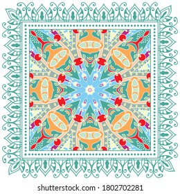 Decorative colorful ornament on white background, symmetric pattern with doodle lace frame. Tribal ethnic mandala decor. Bandana shawl, hijab, tablecloth fabric print, silk neck scarf, kerchief design