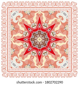 Decorative colorful ornament on white background, symmetric pattern with doodle lace frame. Tribal ethnic mandala decor. Bandana shawl, hijab, tablecloth fabric print, silk neck scarf, kerchief design