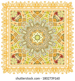 Decorative colorful ornament on white background, symmetric pattern with doodle lace frame. Tribal ethnic mandala decor. Bandana shawl, hijab, tablecloth fabric print, silk neck scarf, kerchief design