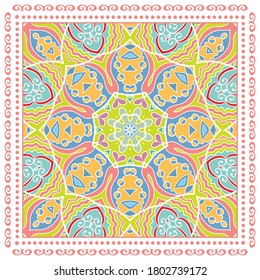 Decorative colorful ornament on white background, symmetric pattern with doodle lace frame. Tribal ethnic mandala decor. Bandana shawl, hijab, tablecloth fabric print, silk neck scarf, kerchief design
