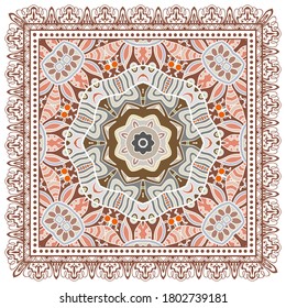 Decorative colorful ornament on white background, symmetric pattern with doodle lace frame. Tribal ethnic mandala decor. Bandana shawl, hijab, tablecloth fabric print, silk neck scarf, kerchief design