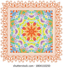 Decorative colorful ornament on white background, symmetric pattern with doodle lace frame. Tribal ethnic mandala decor. Bandana shawl, hijab, tablecloth fabric print, silk neck scarf, kerchief design