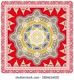 Decorative colorful ornament on white background, symmetric pattern with doodle lace frame. Tribal ethnic mandala decor. Bandana shawl, hijab, tablecloth fabric print, silk neck scarf, kerchief design