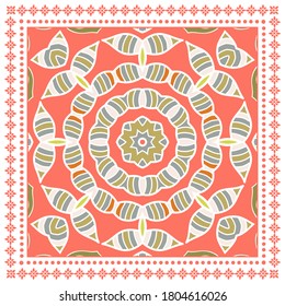 Decorative colorful ornament on white background, symmetric pattern with doodle lace frame. Tribal ethnic mandala decor. Bandana shawl, hijab, tablecloth fabric print, silk neck scarf, kerchief design