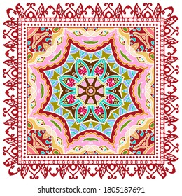 Decorative colorful ornament on white background, symmetric pattern with doodle lace frame. Tribal ethnic mandala decor. Bandana shawl, hijab, tablecloth fabric print, silk neck scarf, kerchief design