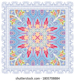 Decorative colorful ornament on white background, symmetric pattern with doodle lace frame. Tribal ethnic mandala decor. Bandana shawl, hijab, tablecloth fabric print, silk neck scarf, kerchief design