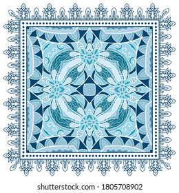 Decorative colorful ornament on white background, symmetric pattern with doodle lace frame. Tribal ethnic mandala decor. Bandana shawl, hijab, tablecloth fabric print, silk neck scarf, kerchief design