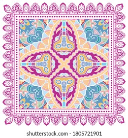 Decorative colorful ornament on white background, symmetric pattern with doodle lace frame. Tribal ethnic mandala decor. Bandana shawl, hijab, tablecloth fabric print, silk neck scarf, kerchief design