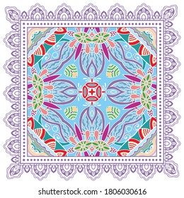 Decorative colorful ornament on white background, symmetric pattern with doodle lace frame. Tribal ethnic mandala decor. Bandana shawl, hijab, tablecloth fabric print, silk neck scarf, kerchief design