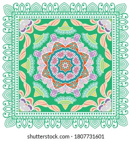 Decorative colorful ornament on white background, symmetric pattern with doodle lace frame. Tribal ethnic mandala decor. Bandana shawl, hijab, tablecloth fabric print, silk neck scarf, kerchief design