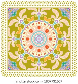 Decorative colorful ornament on white background, symmetric pattern with doodle lace frame. Tribal ethnic mandala decor. Bandana shawl, hijab, tablecloth fabric print, silk neck scarf, kerchief design