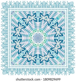 Decorative colorful ornament on white background, symmetric pattern with doodle lace frame. Tribal ethnic mandala decor. Bandana shawl, hijab, tablecloth fabric print, silk neck scarf, kerchief design