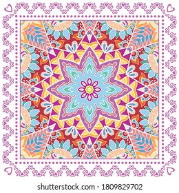 Decorative colorful ornament on white background, symmetric pattern with doodle lace frame. Tribal ethnic mandala decor. Bandana shawl, hijab, tablecloth fabric print, silk neck scarf, kerchief design