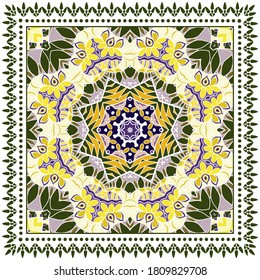 Decorative colorful ornament on white background, symmetric pattern with doodle lace frame. Tribal ethnic mandala decor. Bandana shawl, hijab, tablecloth fabric print, silk neck scarf, kerchief design