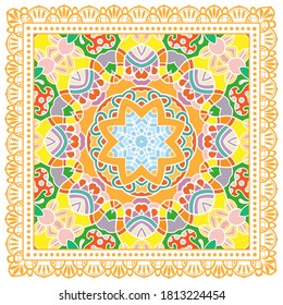 Decorative colorful ornament on white background, symmetric pattern with doodle lace frame. Tribal ethnic mandala decor. Bandana shawl, hijab, tablecloth fabric print, silk neck scarf, kerchief design