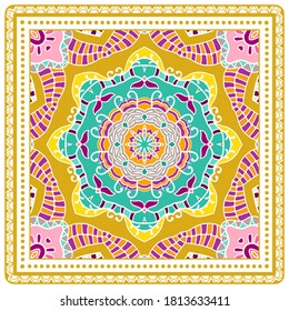 Decorative colorful ornament on white background, symmetric pattern with doodle lace frame. Tribal ethnic mandala decor. Bandana shawl, hijab, tablecloth fabric print, silk neck scarf, kerchief design