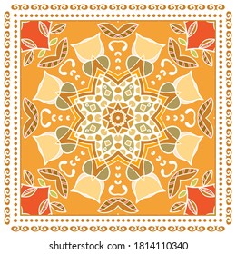 Decorative colorful ornament on white background, symmetric pattern with doodle lace frame. Tribal ethnic mandala decor. Bandana shawl, hijab, tablecloth fabric print, silk neck scarf, kerchief design