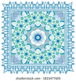 Decorative colorful ornament on white background, symmetric pattern with doodle lace frame. Tribal ethnic mandala decor. Bandana shawl, hijab, tablecloth fabric print, silk neck scarf, kerchief design