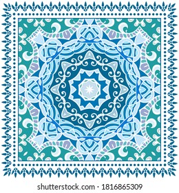 Decorative colorful ornament on white background, symmetric pattern with doodle lace frame. Tribal ethnic mandala decor. Bandana shawl, hijab, tablecloth fabric print, silk neck scarf, kerchief design