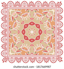 Decorative colorful ornament on white background, symmetric pattern with doodle lace frame. Tribal ethnic mandala decor. Bandana shawl, hijab, tablecloth fabric print, silk neck scarf, kerchief design