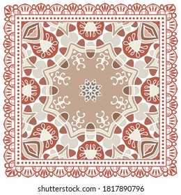 Decorative colorful ornament on white background, symmetric pattern with doodle lace frame. Tribal ethnic mandala decor. Bandana shawl, hijab, tablecloth fabric print, silk neck scarf, kerchief design