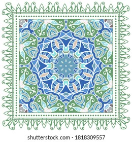 Decorative colorful ornament on white background, symmetric pattern with doodle lace frame. Tribal ethnic mandala decor. Bandana shawl, hijab, tablecloth fabric print, silk neck scarf, kerchief design