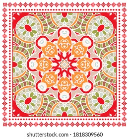 Decorative colorful ornament on white background, symmetric pattern with doodle lace frame. Tribal ethnic mandala decor. Bandana shawl, hijab, tablecloth fabric print, silk neck scarf, kerchief design