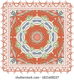 Decorative colorful ornament on white background, symmetric pattern with doodle lace frame. Tribal ethnic mandala decor. Bandana shawl, hijab, tablecloth fabric print, silk neck scarf, kerchief design